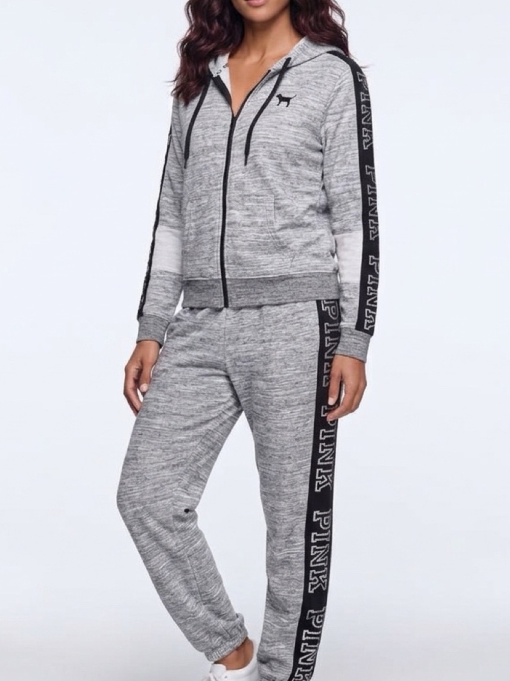 Victoria’s Secret PINK Sequin Logo Full Zip Hoodie Jogger Set Gray Large